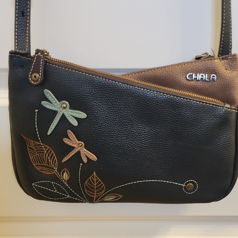 Chala Blue and Brown Crossbody Bag with Leaf and Dragonfly Accents - Picture 2 of 13